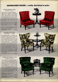 an advertisement for chairs and tables with different colors on them, including green and red