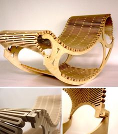 an unusual wooden bench made out of strips of wood