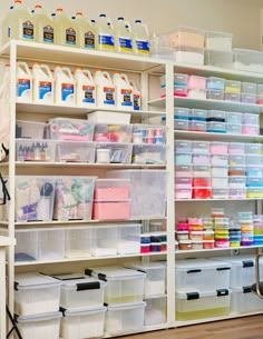 the shelves are filled with cleaning products and containers for cleaning, disinfection