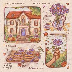 a drawing of a house surrounded by flowers and other things