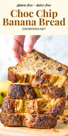 Hand reaching for a slice of chocolate chip banana bread Choc Chip Banana Bread, Gluten Free Bread Recipe Easy, Gluten Free Yeast Free, Gluten Free Recipes Bread, Gluten Free Banana Bread, Chocolate Chip Banana, Gluten Free Chocolate Chip, Chocolate Chip Banana Bread, Tea Time Snacks