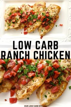 low carb ranch chicken on a white plate with tomatoes and parsley garnish