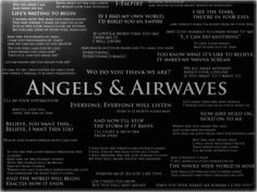 the words angels and airwaves written in black on a white background with an image of