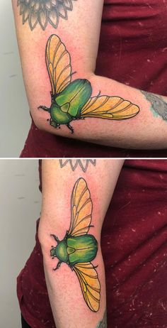 two pictures of the same tattoo on someone's arm, one with a green and yellow insect