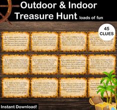 an outdoor and indoor treasure hunt game with lots of clues on the board for kids to play