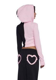 This zip-up hoodie has a soft stretchy knit construction, a contrast color design, front graphic prints of a kitten and a bunny, an attached hood, long sleeves with thumbholes, a cropped fit, and a front zipper closure. Pink Athleisure Hooded Jacket With Drawstring, Pink Long Sleeve Hooded Loungewear Jacket, Pink Long Sleeve Hooded Jacket For Loungewear, Trendy Pink Hooded Jacket For Streetwear, Fitted Pink Hoodie For Spring, Fitted Pink Spring Hoodie, Fitted Long Sleeve Pink Hoodie, Pink Fitted Hooded Sweatshirt, Fitted Pink Hooded Sweatshirt