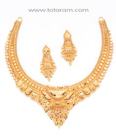 22 Karat Gold Necklace - Drop Earrings SET     Contains Necklace & Ear hangings.     Gold Weight: 33.000 - 34.000 grams      - 235-GS159 - in 34.000 Grams for USD $2653.99.  Made in India by Totaram Jewelers Online this product is in Gold - 22 Karat BIS Hallmark 916 KDM Gold  & is an excellent gift for Adult - Women. Ships fully insured with secured guaranteed delivery for free with your order over $250 from New Jersey USA & comes with 30 days exchange policy. Gold Necklace Sets, Plain Necklace, Indian Gold Jewellery Design, Indian Gold Jewelry, Temple Jewelry Necklace