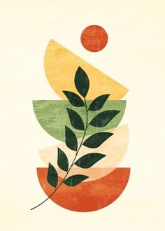 a painting with green leaves and oranges on it