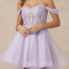 An Exquisite, Open-Shoulder Dress That Is Perfect For A Variety Of Parties. An Open-Shoulder Dress, A Corset With Beads And Pearls, A Comfortable Tie At The Back, And A Lush Skirt Makes The Image Feminine And Delicate. Colour: Lilac Fabric: Shiffon,Tulle Length:Low Sleeve: Sleeveless Back: Invisible Zipper And Spaghetti Ties Skirt: Fluffy Tulle Lace Details: Decorated With Rhinestones, Occasion: Formal, Party , Cocktail, Special Occasion, Birthday Party, Christmas Tags: Sleeveless, Shiffon Tulle Purple Off-shoulder Evening Dress, Purple Off-shoulder Cocktail Dress, Purple Off-shoulder Dress With Fitted Bodice, Long Black Dress Formal, Red Evening Gown, Fluffy Dress, Lilac Fabric, Sparkle Prom Dress, Outdoor Dress