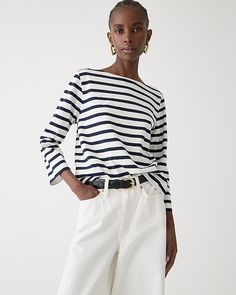 J.Crew: Classic Mariner Cloth Boatneck T-shirt In Stripe For Women French Capsule Wardrobe, Boat Neck Shirt, French Women, T-shirts & Tank Tops, Look Chic, Boat Neck, Long Tops, Capsule Wardrobe, Tank Shirt