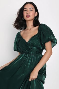 Cute Emerald Green Dress - Puff Sleeve Dress - Tiered Midi Dress - Lulus Emerald Green Dresses, Lulu Fashion, Organza Dress, Green Bridesmaid Dresses, Pleated Bodice, Tiered Midi Dress, Green Midi Dress, Fall Skirts, Puffed Sleeves Dress