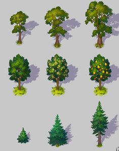 various trees and bushes are shown in the same style, with different shadows on them