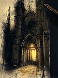 a drawing of an old church with the light coming through it's windows and doors