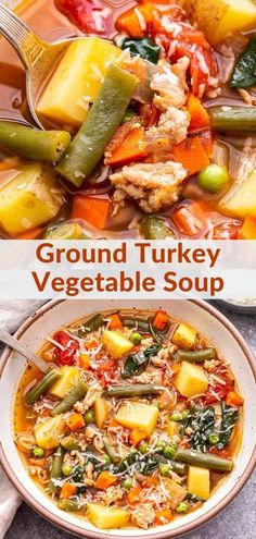 two pictures with different types of vegetables in them and the words ground turkey vegetable soup