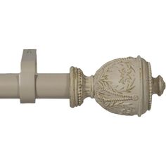 a white curtain rod with an ornate design on the top and bottom, is shown