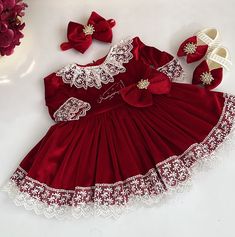 Red Christmas Victorian Lace Baby Girl Dress, Baby Vintage Dress, First Birthday Dress,  Baby Traditional Dress, Christmas Girl Dress This Victorian baby dress is specially designed and handmade for your baby girl. Your girl will be like a princess with these dresses that she can wear on special occasions such as birthdays, weddings and christmas. This dress, which will create your girl's style with a hat and shoes, is ideal for special occasions. Check out our baby girl dresses selection for unique handmade dresses from AymiraDesign. ✿ Product Features; ✰ Baby Dress Materials: Velvet, Lace ✰ Baby Dress Color: Burgundy ✰ Set Content: Dress, Hat, Shoes ✰ Size Options: * 0-3 months, 3-6 months, 6-9 months, 9-12 months, 12-18 months, 18-24 months, 2T, 3T, 4T, 5, 6 US kids' numeric ✰ Note: Sho Christmas Dress Design, Baby Winter Dress, Traditional Baby Dresses, Lace Baby Dress, Red Baby Dress, Victorian Baby, Christmas Victorian, Kids Christmas Dress, Baby Lace Dress