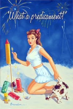 a painting of a woman with a dog and fireworks in the sky behind her is a sign that says, what's predicantment?