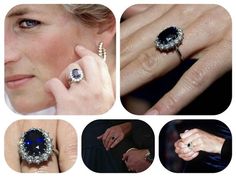 a collage of photos showing different types of engagement rings and diamond ring designs, including an oval blue stone surrounded by smaller round diamonds