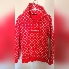 Louis Vuitton Supreme Hoodie Tried On Once New Condition Comes With The Original Lv Box And Bag Louis Vuitton Shirts, Supreme Hoodie, Louis Vuitton Supreme, The Original, Red White, Louis Vuitton, Mens Shirts, Sweatshirts Hoodie, Red