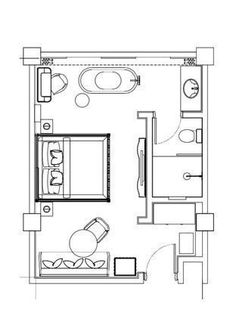 a drawing of a bedroom and living room in one floor, with furniture on the other side