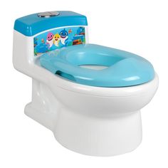 a blue and white toilet with an inflatable seat