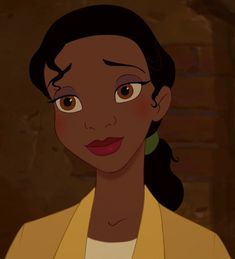 an animated image of a woman with brown eyes and black hair, wearing a yellow blazer