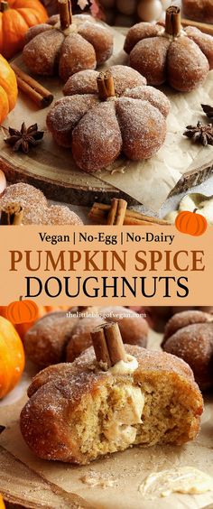 pumpkin spice doughnuts with cinnamon stick sticking out of the middle and on top