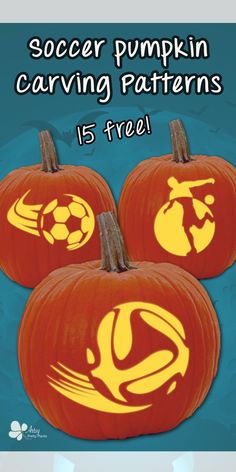 three pumpkins with the words soccer pumpkin carving patterns is free to print and color