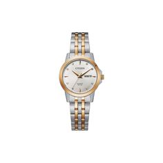 Sharpen up your look when you pair this refined women's Citizen watch with any casual, business or dress attire. Sharpen up your look when you pair this refined women's Citizen watch with any casual, business or dress attire. FEATURES Day & date windowCASE Material: stainless steel with gold-tone accents Dial color: silver tone Face cover material: mineral crystal Diameter: 27 mmBAND Material: stainless steel with gold-tone accents Clasp: fold-over push-button deployment Circumference: 180 mm Wi Classic Round Watch For Workwear, Classic Round Watch For Work, Classic Watches For Workwear, Elegant Analog Watch For Work, Elegant Analog Watches For Work, Elegant Analog Watches For Office, Elegant Gold Watches With Date Indicator, Elegant Analog Office Watches, Elegant Rose Gold Watch Accessories For Everyday