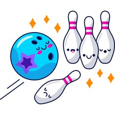 three bowling pins and two bowling balls with faces drawn on them