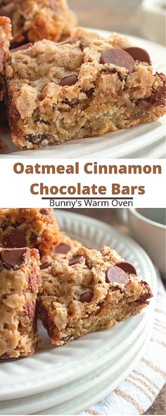 two pictures of oatmeal cinnamon chocolate bars on a white plate with text overlay