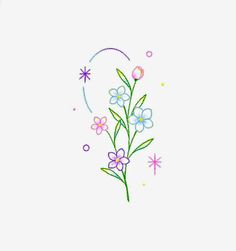 a drawing of flowers and stars on a white background