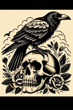 a skull with a crow sitting on top of it next to a flower and leaves