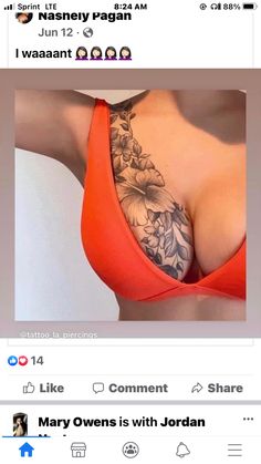 an image of a woman's breast with tattoos on her chest and the caption that says,