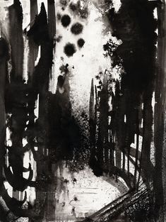 an abstract black and white painting with trees