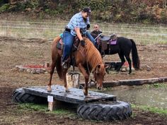 a woman riding on the back of a brown horse