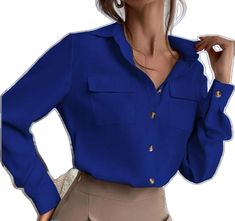 Blue Office Blouse With Pockets, Elegant Blue Blouse With Pockets, Blue Blouse With Pockets For Work, Blue Office Tops With Pockets, Yellow Button Up Shirt, Y2k Butterfly, Trendy Business Casual, Pocket Blouse, Black Button Down Shirt