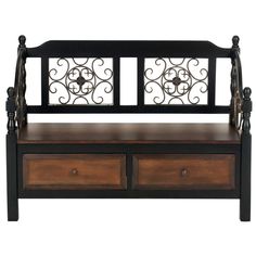 a bench with two drawers underneath it and an iron design on the backrests