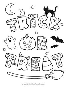 trick or treat halloween coloring page with pumpkins, bats and other items in black and white