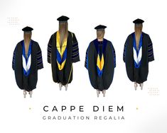 three graduation gowns with caps and tassels are displayed in front of a white background