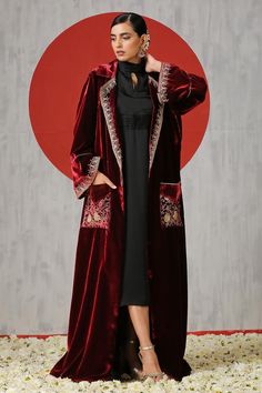 Black silk solid dress with turtle neckline. Paired with maroon long sleeve velvet front pocket jacket with Kashmiri tilla embroidery. - Aza Fashions Velvet Jacket Women, Velvet Kaftan, Velvet Suit Design, Red Embroidered Dress, Groovy Clothes, Velvet Suit, Suit Design, Fashion Design Dress, Abaya Designs