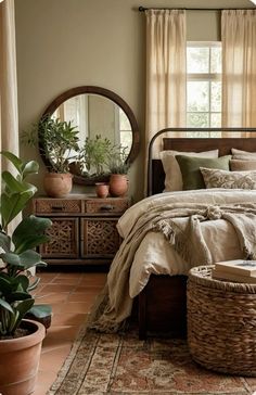 a bed sitting next to a window in a room with potted plants on top of it