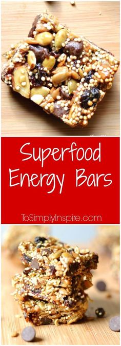 some food is stacked on top of each other and the words superfood energy bars are