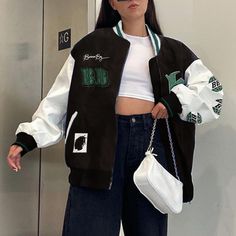 Senior Jackets, Jacket Trend, Estilo Cholo, Chinese Fashion Street, 90's Fashion, Color Block Sweatshirt, Sweatpants Set, Streetwear Fashion Women, Embroidered Jacket