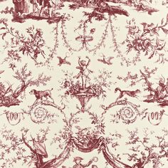 an old wallpaper with red and white designs on it's side, including trees