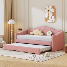 Twin Size Upholstered Daybed with Wave-shaped Trundle Pop Up Trundle, Twin Daybed, Bunny Design, Pull Out Bed, Daybed With Trundle, Adorable Bunny, Trundle Bed