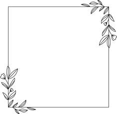 a black and white square frame with leaves on the edges, in an outline style