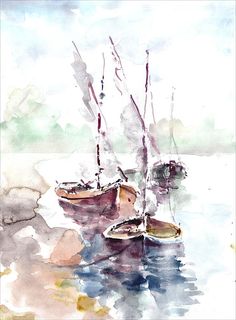 watercolor painting of two sailboats in the ocean