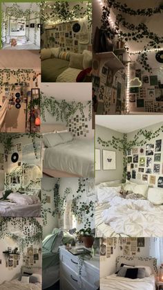 the collage shows many different rooms with plants growing on the walls and bedding