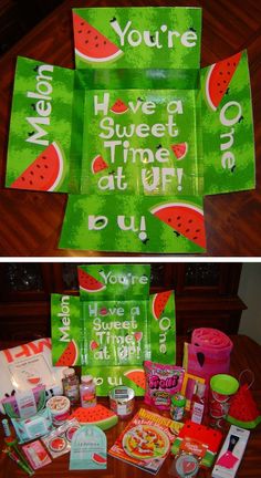 there are two pictures of different items on the table and one has watermelon